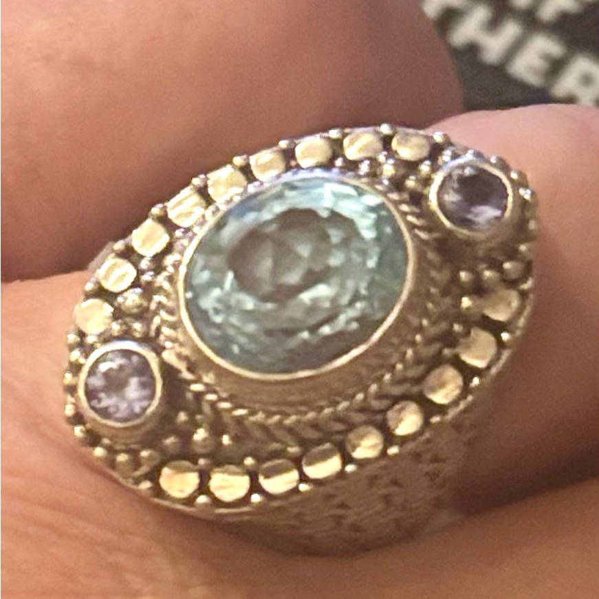 Stunning Sarda Blue Topaz & Amethyst Sterling Silver Ring. Never Worn